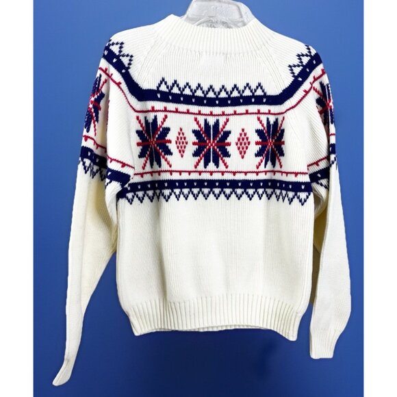 VTG JC Penny Small 100% Acrylic Cream Red Blue Sweater Fair Isle Snowflake EUC - Picture 1 of 9